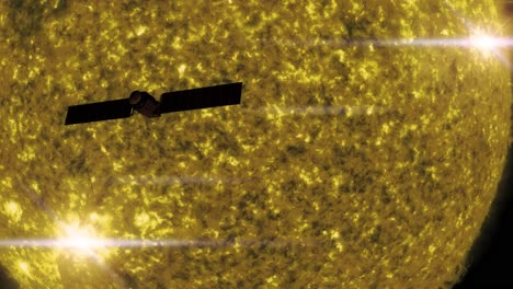 Satellite-passes-sun-planet-energy-field-sci-fi-in-silhouette-4k